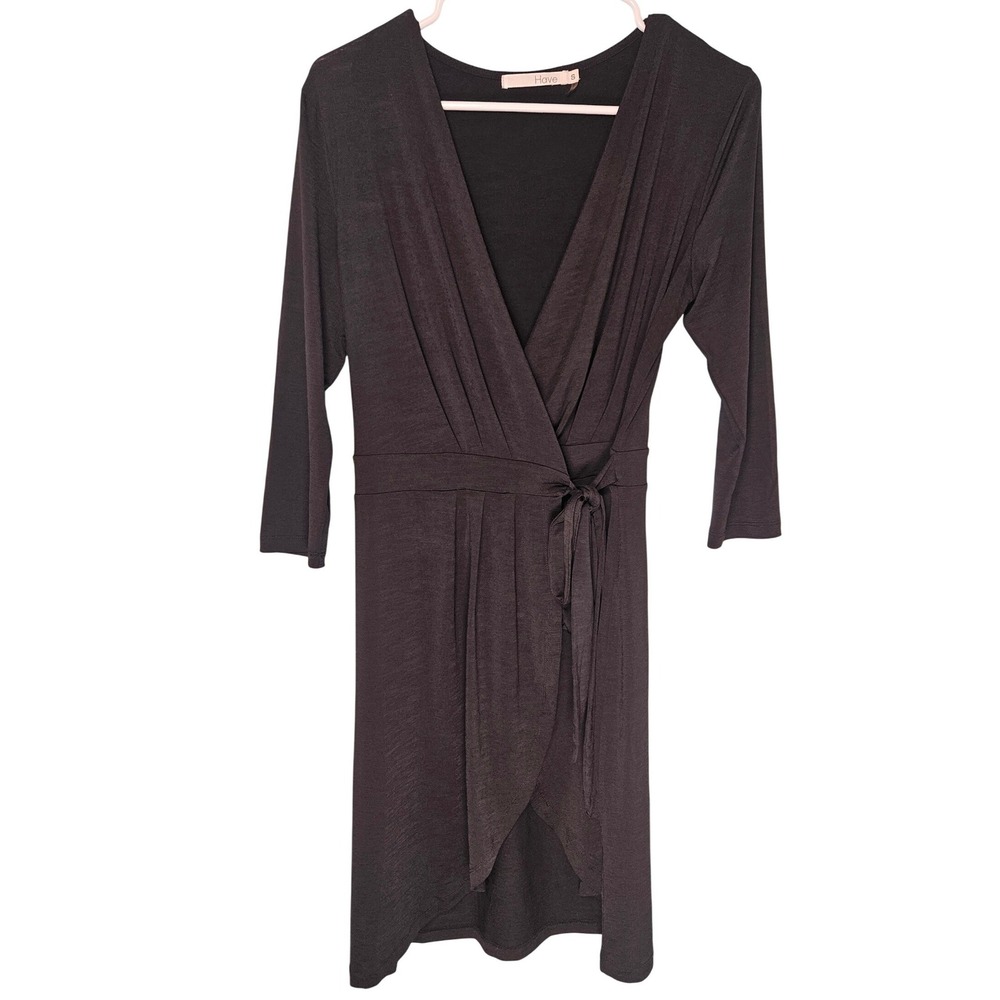Have Black V-Neck Wrap‎ Dress with 3/4 Sleeves and Tie Waist Size S Minimalist